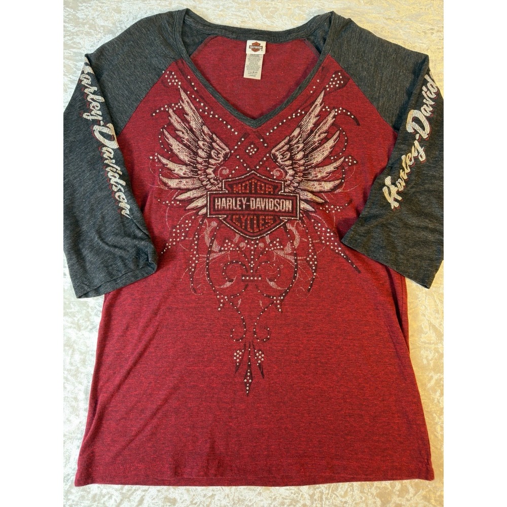 Harley-Davidson Women's Large Wing Rhinestone V Neck Shirt USA Xenia Ohio